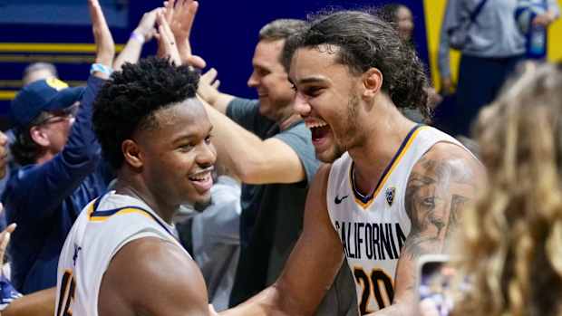 Jalen Cone, left, and Jaylon Tyson celebrate Cal's win over Oregon.